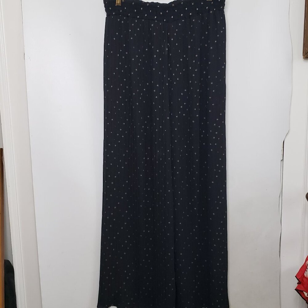 Sheer Wide Pleated Leg Pants Pull On Stars Black Gold Size Medium - Picture 6 of 13